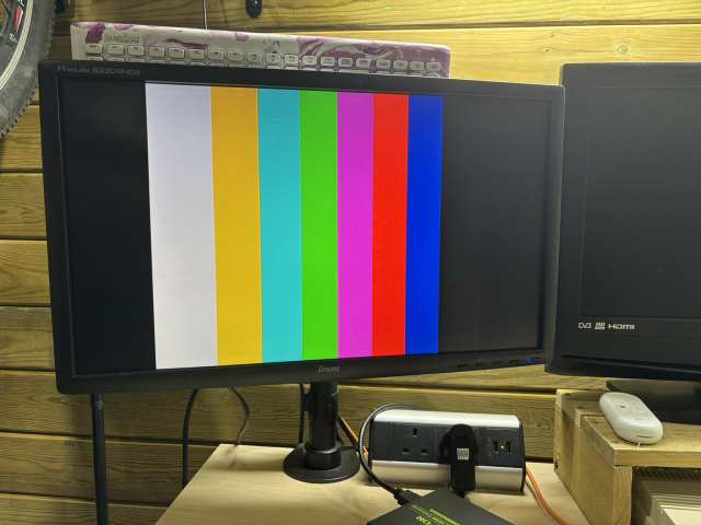 Colour bars displaying on a computer monitor, but via a different video adapter. The colour bars are correct.