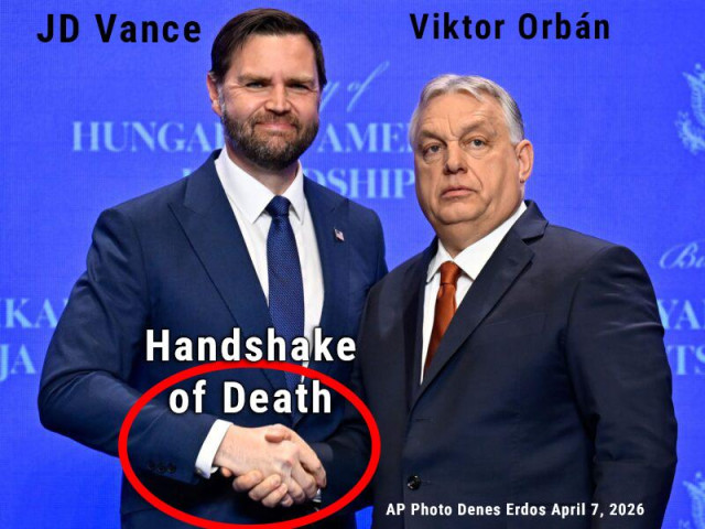 U.S. Vice President JD Vance shakes hands with Hungarian Prime Minister Viktor Orban as they meet in Budapest, Hungary, Tuesday, April 7, 2026. (AP Photo/Denes Erdos)
