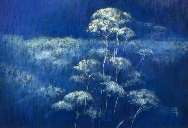 A very blue pastel painting of fennel flowers under moonlight. The moon is not in the painting. 