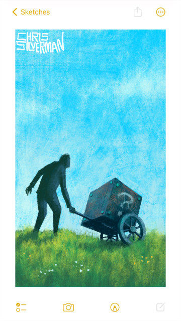 A dark figure pushes a cart through a bright green meadow under a mostly clear, blue sky. In the cart is a large, rusty, metal cube with a white question mark roughly spray-painted on one side. The cube looks like those question boxes in Nintendo games. There are a few colorful wildflowers dotting the meadow, and a wispy cloud or two in the sky. The painting is signed "Chris Silverman".