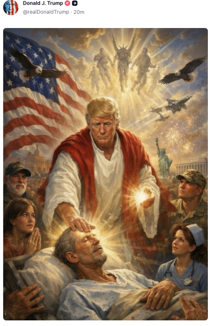 An apparently AI-generated image of Trump dressed as Jesus as he appears to heal someone, standing in front of an American flag and other U.S.-images.