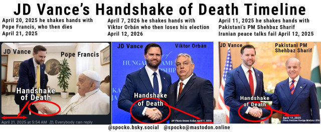 JD Vance photos of him shaking hands with Pope Francis, Viktor Orban and Pakistan's PM Shehbaz Sharif text reads JD Vance's Handshake of Death Timeline.