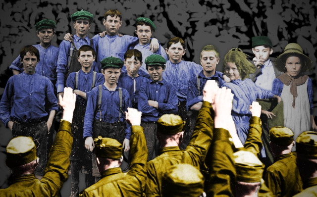 A line of Nazis at the Nuremburg rally, throwing Nazi salutes. Their backs are to us. Facing them is a hand-tinted group of child laborers from the early 20th century, squinting suspiciously at them.