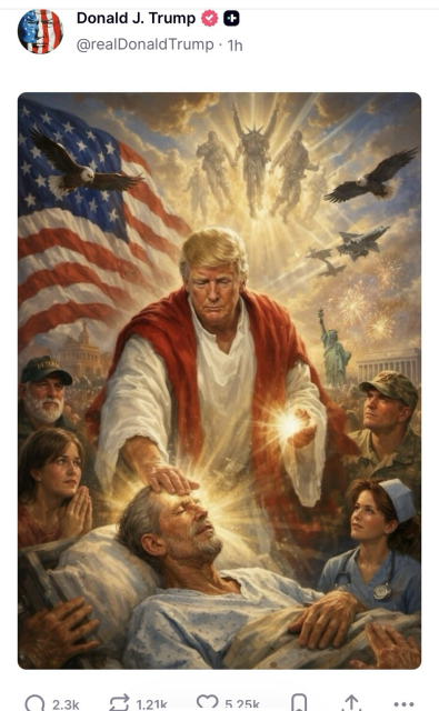 The image, which was posted on Trump’s account on his social media platform shows Trump dressed in white & red robes. In the illustration, Trump’s hands emit shining lights, & his right hand is touching the forehead of a man lying on a bed, wearing a hospital gown. The image evokes religious art depicting Jesus healing the sick.