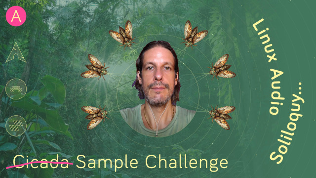 Artwork for my latest YT/PT video with my logo, the Arch Linux logo, the Bitwig Studio logo, the Sononym logo, my face, a bunch of cicadas, jungle backdrock, and the text "~~Cicada Sample Challenge~~" and "Linux Audio Soliloquy".