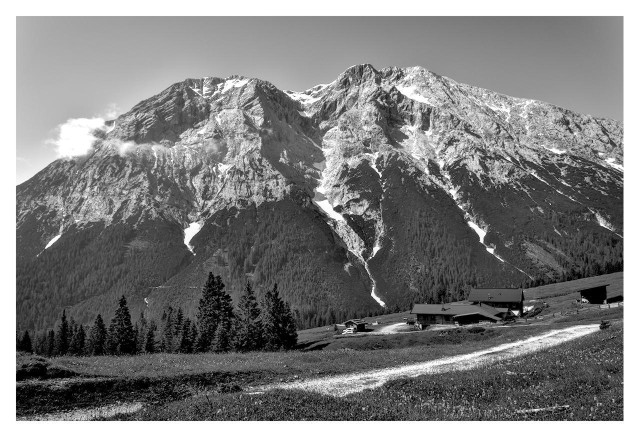 This is a black-and-white photograph of a dramatic alpine mountain landscape. In the foreground, you see a wide, open grassy meadow dotted with small wildflowers. A light-colored dirt path winds gently from the bottom left corner towards the right of the image. In the middle ground, a cluster of tall, dark evergreen trees stands on the left side. To the right, nestled at the edge of the meadow, are several buildings: a large, traditional chalet-style house with a dark roof and visible chimney, plus a smaller adjacent structure and an open-sided barn or shelter. A few vehicles, including what looks like a light-colored car or truck, are parked near the houses. Dominating the entire background is a massive, rugged mountain range. The peaks are sharp and rocky, with bright white patches of snow clinging to the ridges and crevices. Dark forested slopes covered in dense coniferous trees run down the mountainsides, and a few snow-filled gullies snake downward. A small, fluffy white cloud drifts near the left side of the mountain, partially hugging the rocky face. The sky above is clear and bright, giving the whole scene a calm, majestic, and slightly stark feeling because of the high-contrast black-and-white tones. The overall atmosphere feels peaceful, remote, and powerfully natural—like a quiet mountain farmstead at the foot of towering, snow-dusted peaks.