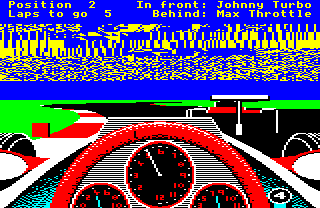 Screenshot of BBC Micro driving game Rev with the code and data normally hidden in blue in the sky shown in yellow.
