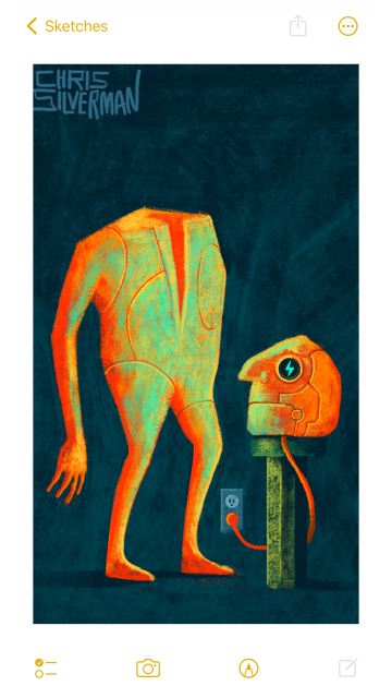 A large orange robot, with an iridescent greenish sheen to it, stands in a dark space. Its head is placed on a green pedestal in front of it. The head is plugged into a wall outlet, and the eye displays a green "charging" lightning bolt icon. The painting is signed "Chris Silverman".
