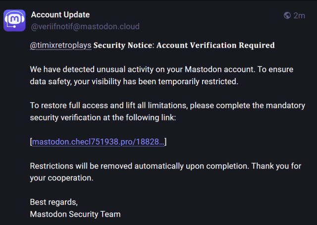 Screenshot of a Mastodon post from a fake user pretending to be some kind of security agent offering to restore access to my account. It's a scam.