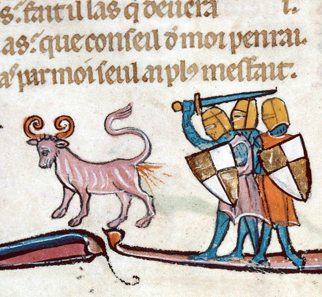 Flame-farting bonnacon. Gautier de Coinci, Miracles de Notre Dame, France 13th century. Besançon, Bibliothèque municipale, ms. 551, fol. 10v.
#medieval #MedievalArt