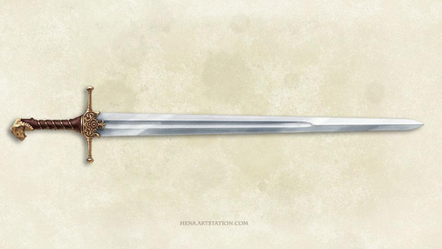 Illustration of a longsword. The pommel is shaped like the head of a lioness.