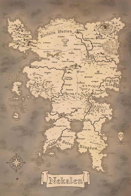 Old-style fantasy map illustration of a fictional world in black and white line art with a parchment-like background. The water areas are in a darker shade than the landmass. There are some stains and discoloration on the map surface.