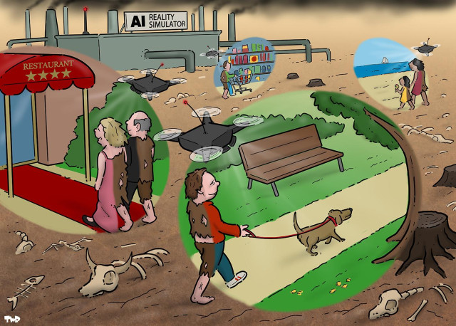 Cartoon showing a desert wasteland filled with the bones of dead animals. In the background a big industrial complex is labeled 'AI reality simulator' In the foreground people are happily talking around through the wasteland while drones fly above them and project a fake reality (of a park, beach, or fancy restaurant) to envelop them.