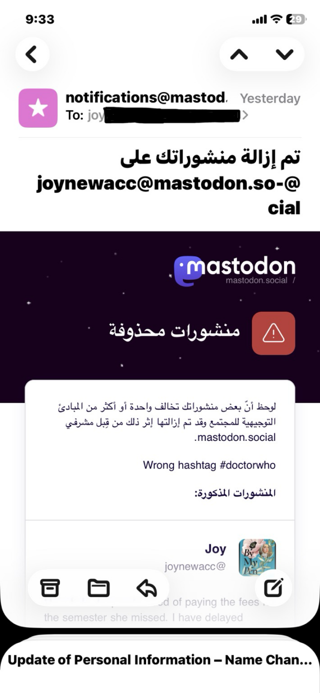Screenshot of email Joy received from mastodon.social alerting her that her post has been deleted by a mastodon.social moderator for using a “wrong hashtag”.