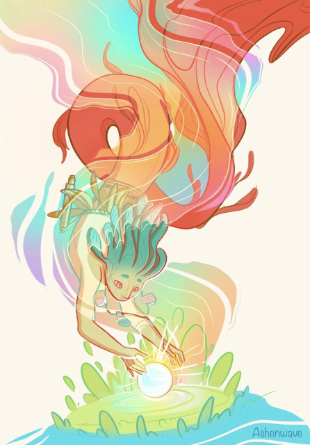 Illustration of a young merman. He’s reaching out with both hands to hold a colorful pearl he found on the depths. He’s surrounded by colorful emanations of magic coming out of the pearl.