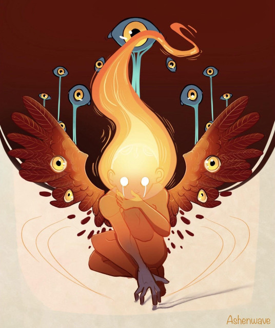 Burnout. Illustration of a winged creature of humanoid shape with a flaming head. They're crying as they crouch, using a hand to draw with ashes on the ground. Their wings are extended behind them surrounded by disembodied open eyes.