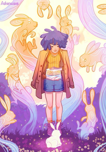 Colorful illustration in purple yellow colors of a young woman with short hair, surrounded by ghost rabbits. She has just freed a cute little white bunny, that stands in front of her.