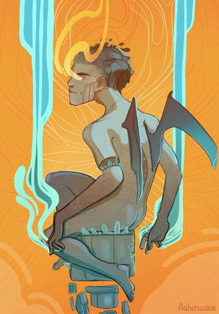 Illustration of a gargoyle coming to life at sundown. He's sitting on top of a column, wings half extended, eyes glowing warmly with power.