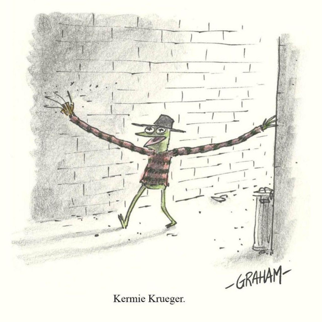 A cartoon illustration of Kermit dressed as Freddy Krueger walking down an alley with elongated arms. Caption reads "Kermie Krueger."