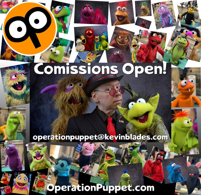 A portrait of Kevin over a collage of dozens of puppets he’s built