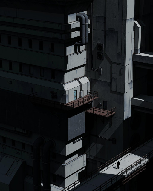 A dystopian cityscape depicting towering brutalist buildings shrouded in darkness. A lone figure stands on an elevated walkway among interconnected platforms, industrial pipes, and geometric structures.