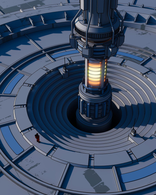 A sci-fi illustration showing a massive cylindrical tower descending through concentric circular platforms into darkness. The tower glows with warm orange-yellow light from horizontal bands, contrasting against cool blue-gray industrial architecture. A small figure in red stands on one platform, emphasizing the structure's immense scale.