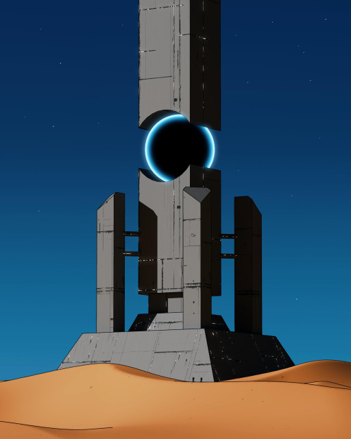 A monumental sci-fi structure rises from desert sands against a starlit twilight sky. The weathered gray tower features geometric architecture with a glowing blue spherical element at its center, creating an otherworldly beacon in the barren landscape.