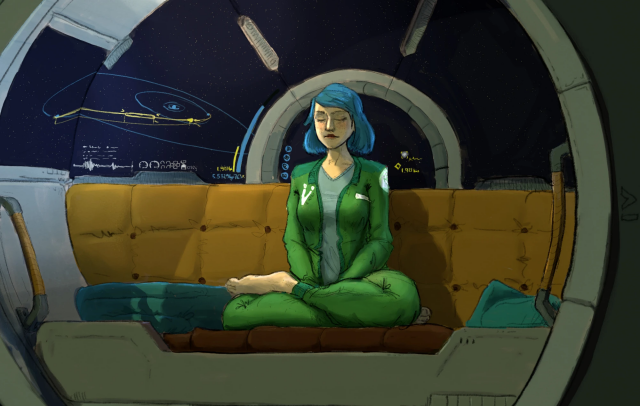 Blue shoulders-long haired spacer woman in dark green coveralls meditating in her circular bung, with screens behind her showing the trajectory of her ship, and some flight data. Colored digital drawing.