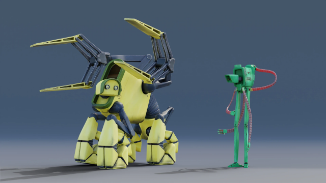 Production preview image of the two robot character 3D models form Budapest Spaceport. On the left sits AR-08, a horse-sized yellow-greenish loading robot with four arms with huge three-fingered hands, and two pincer-like loading arms on his back. His body, is a narrow-tall rounded rectangle, with his head on one end, and a relatively small hip at the other, connected by a flexible spine.
To the right, Rbr, a small bodied, long legged former maintenance and electrician robot turned master chef. His log legs support a rectangular, but soft edged body, a similar but smaller head, a secondary tubular head on his back, and four flexible, four-fingered arms. 
