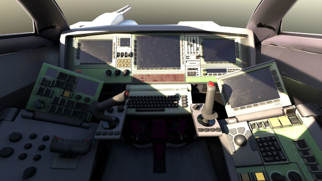 An image showing the cockpit of the Coronatrix courier ship from Pioneer Space Sim. A Comodore 64-like keyboard at the center, two similar joysticks to its side, and over that, a three-screened dashboard with similar 80'-90's computer styling. 
On both sides of the seat, there are socondary dashboards with buttons, switches, knobs, a trackball mouse and some screens. Oh, and it has an ignition key.
It is a 3D model, rendered in Cycles. The cockpit is brightly lit from the top left, the canopy struts casting shadows on the dashboard and controls. And on the outside, a blended gray horizon is visible.