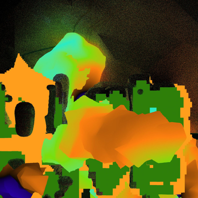 pixelized, chunky bubble letters broken up by abstract yellow and green forms receding into a dark and grainy background