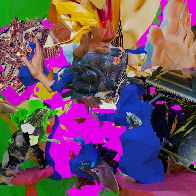 several collaged humans hold up their hands in a stop gesture while standing on red toadstool-like platforms, intersected by bright and chaotic abstractions in magenta and blue