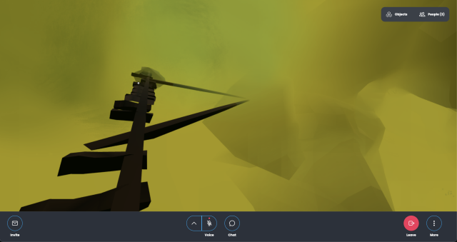 an uneven wooden ladder ascending into rocks and yellow fog in a screenshot of a web VR environment