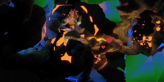 an open cave-like space with glowing user-interface-esque overlays and portions of the background dissolving into blue-green gradients
