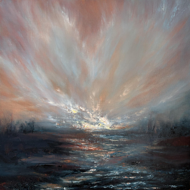 Original seascape oil painting by Tisha Mark, "Lighting the Dark" 20"x20" oil on linen (2025). This moody, abstract-leaning seascape painting has a textured, orange-toned, atmospheric sky with textured colors of light on the horizon. Light from the sky reflects in the water below as it meets a dark, rocky, tree-lined coast.