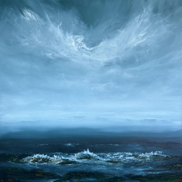 Original seascape oil painting by Tisha Mark, "Finding a Kindred Spirit" 30"x30" oil on cradled Ampersand Gessobord (2025). A seascape painting with a gray-blue sky with textured, atmospheric cloud formations over a dark blue sea. Waves are meeting a rocky shore, and there is textured green moss and dark red algae or seaweed on the rocks.