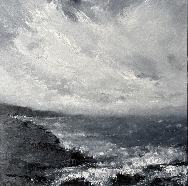 Original seascape oil painting by Tisha Mark, "Wavering" oil on Ampersand Gessobord, 8"x8" (2026). This loosely painted seascape painting is monochromatic (black & white). It has a textured sky over a dark, wild sea. The sea on the right is meeting a rocky shore on the left. There is much texture throughout the painting.