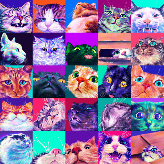 Compilation of 25 cat painting in a large 5x5 grid.