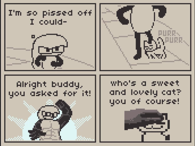 A Comic about anger.

Panel 1: Anubi is walking pissed off through the scenery, saying to herself "I'm so pissed off I could-"

Panel 2: Before Anubi could finish her sentence, a cat walks close and starts purring next to her legs.

Panel 3: Casting the might of Empanadas, Anubi gains a buff form and is about to strike down hell on the cat, rising her fist and saying "Alright buddy, you asked for it!"

Panel 4: ... That hell being pet pets of course, as Anubi is petting the cat while saying "Who's a sweet and lovely cat? You of course!"