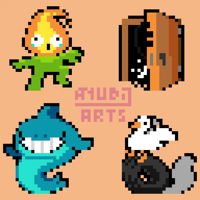 A Pixel Art containing 4 common enemies, which are from top to bottom, left to right:

A Green guy whose head is on flames, they're trying to put it out yet it's for naught as it became a part of them

A Creature with a dog face creeping through an open door, holding it from the inside

A Stylish shark with very big teeth. You can tell he takes a lot of care with his teeth health

A Duck running on top of a wheel that's making lots of smoke. Wait how is this one a common enemy? How often does this happen in this world?