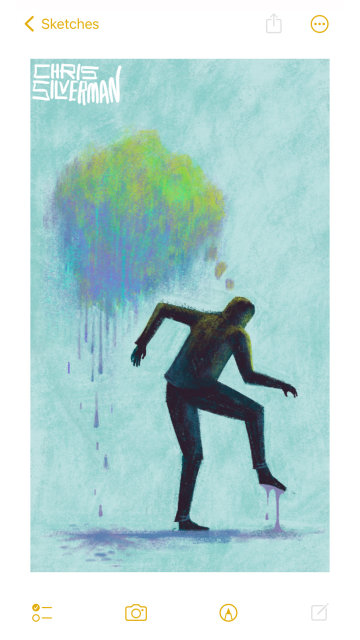 A person in a dull blue space. Something not so good is on their minds; a large, ominous thought balloon, like that out of a comic strip, hovers above them. The balloon is various shades of purple, yellow, and green, and is so heavy that it's dripping, pooling like paint on the ground. The person is standing in a puddle of thought-balloon liquid, lifting their leg in horror as viscous purple strings of whatever this is extend from their shoe to the ground. The painting is signed "Chris Silverman".