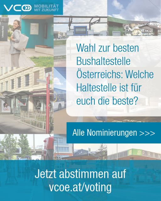 Sujet  mit Bildern zu den 9 nominierten Haltestellen. Text: "Wahl zur besten Bushaltestelle Österreichs: Welche ist  für euch die beste?" Jetzt abstimmen auf vcoe.at/voting 