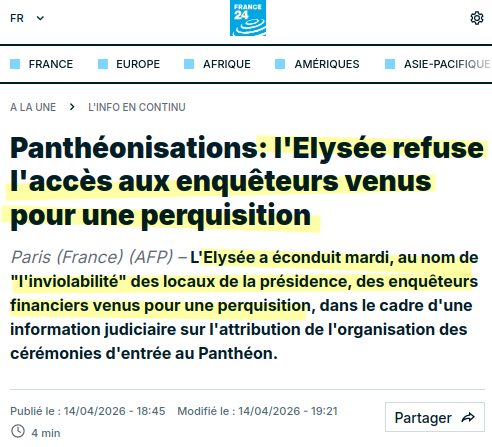 Capture d'écran actu

Panthéonisations: l'Elysée refuse l'accès aux enquêteurs venus pour une perquisition

Paris (France) (AFP) – L'Elysée a éconduit mardi, au nom de "l'inviolabilité" des locaux de la présidence, des enquêteurs financiers venus pour une perquisition, dans le cadre d'une information judiciaire sur l'attribution de l'organisation des cérémonies d'entrée au Panthéon. 