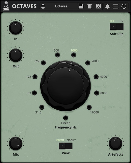 Octaves plugin UI with In, Out, Frequency, Mix, Soft Clip, Front/Circuit and Artifacts controls.
