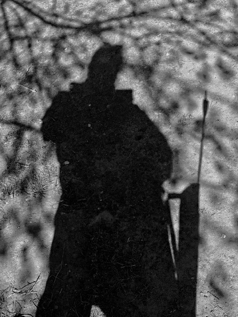 A black and white photo of shadow of a person and some tree branches around them. The person seems to be wearing a quiver with a single arrow.