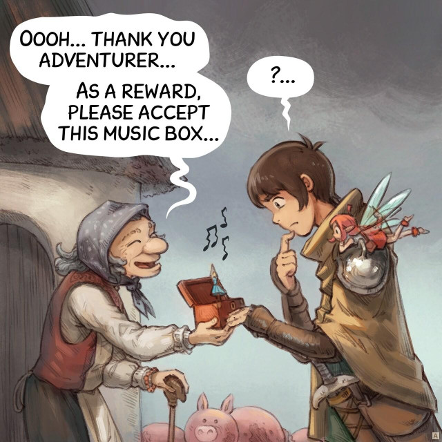 Panel 1. Side view on a old peasant woman, in front of her old house, giving a red music box, open, with a tiny ballerine dancer in the middle to the adventurer, a young warrior. He has his Pink Fairy on his shoulder. Both the adventurer and the Pink Fairy are trying to hide their deception about this reward. Some music notes, dissonant, escape the box.  
> Old woman: "Oooh, thank you adventurer... As a reward, please accept this music box..."  
> Adventurer: "?..."