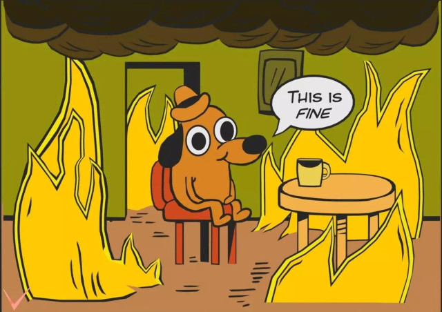 Doggo coffee in burning house: this is fine 