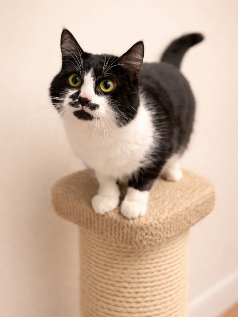 A cute black-and-white cat with bright yellow-green eyes, standing alert on a scratching post, with a distinctive black “mustache” marking on its face.