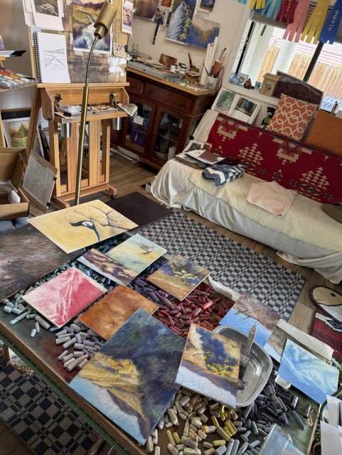A view of very messy art studio. There are recent works spread over a huge pastel tray. Studio cat is absent from her couch.