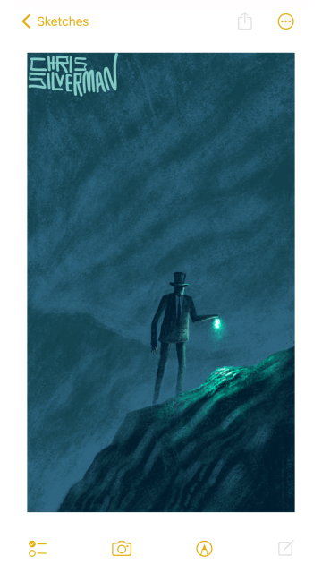 A tall figure wearing a suit and a top hat stands on top of a craggy mountain on a dark, cloudy night. The figure is holding a lantern that illuminates the rock with an eerie green light. In the distance is the blurry outline of another mountain. The painting is signed "Chris Silverman".
